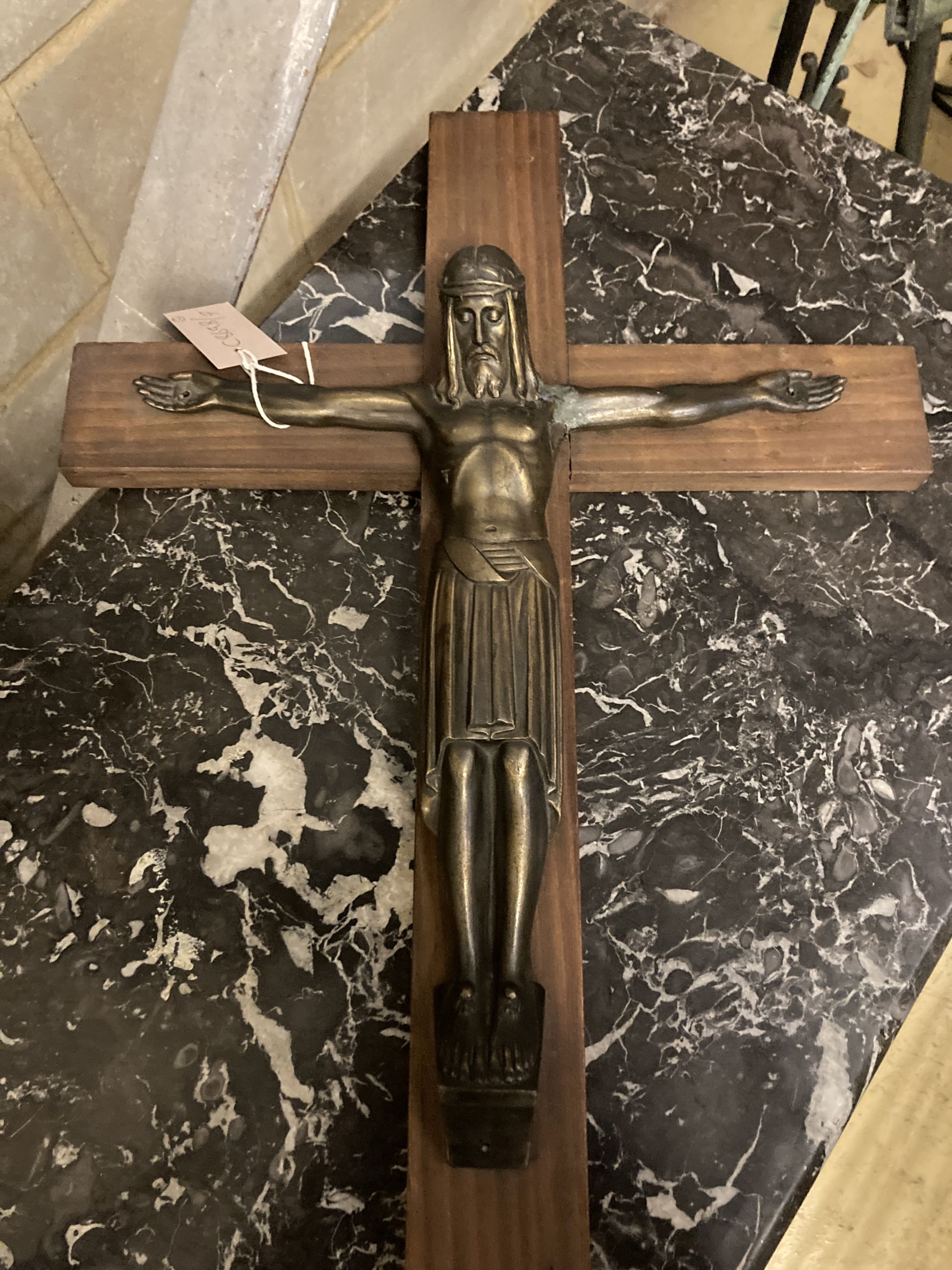 A white marble church font and a crucifix, height 75cm